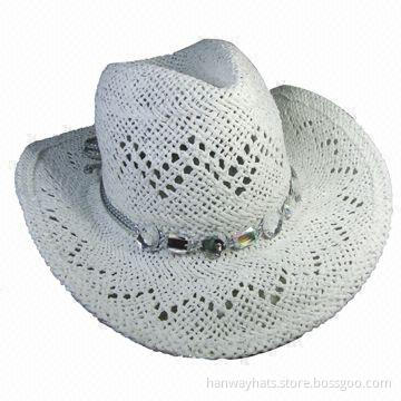 White Cowboy Straw Hat, Open Weave Paper with Stone Trim